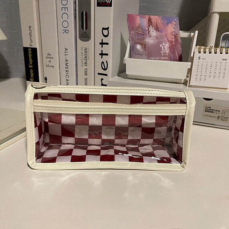 Waterproof Large Capacity Pencil Case Simple Transparent Checkerboard Pencil Bag