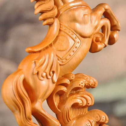 Natural Cypress Animal Horse Statue Traditional Hand Carving Solid Wood Statue