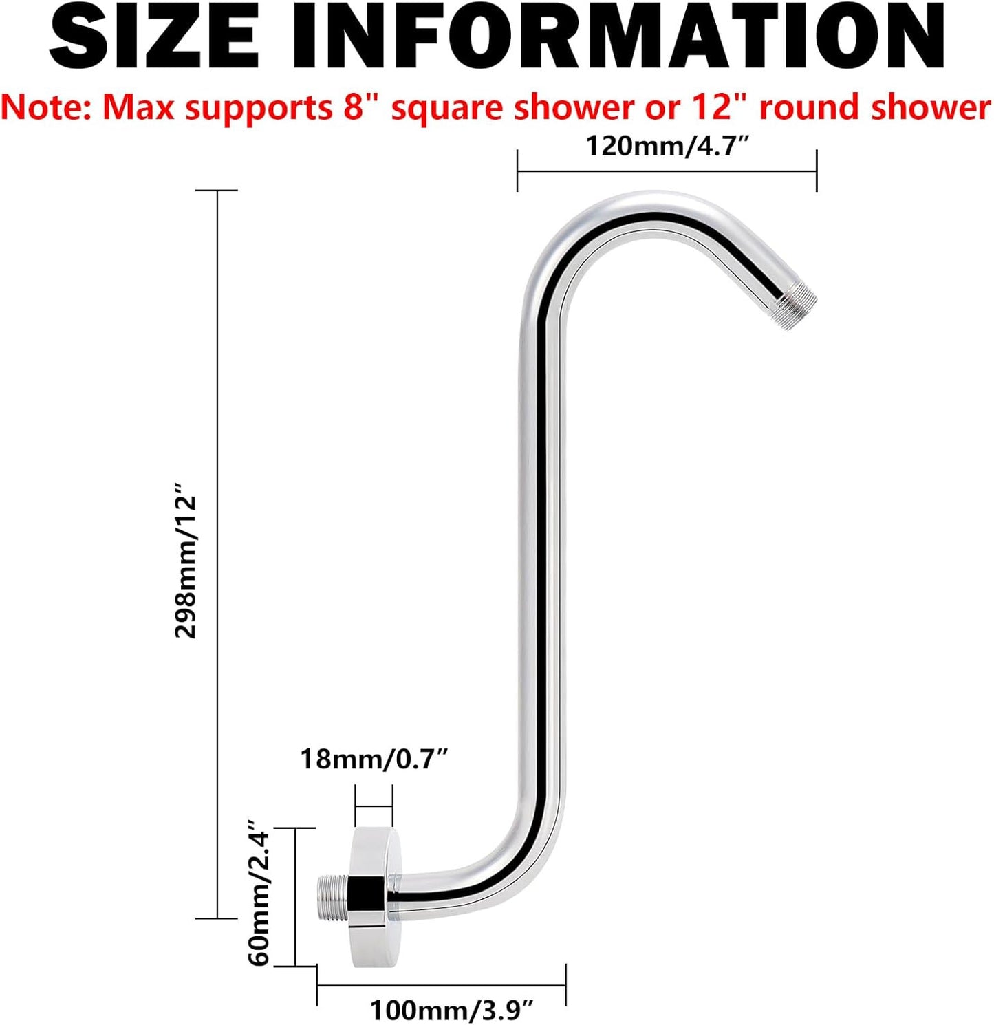 S Shaped Shower Head Riser Arm, Shower Extender Arm with Flange, Standard 1/2" C
