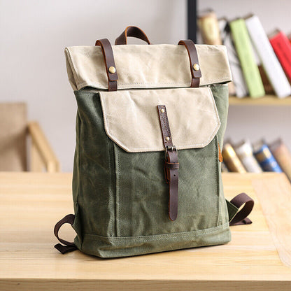 Water Resisant Vintage Waxed Canvas Backpack Fold-Over Satchel 14" Laptop Bag