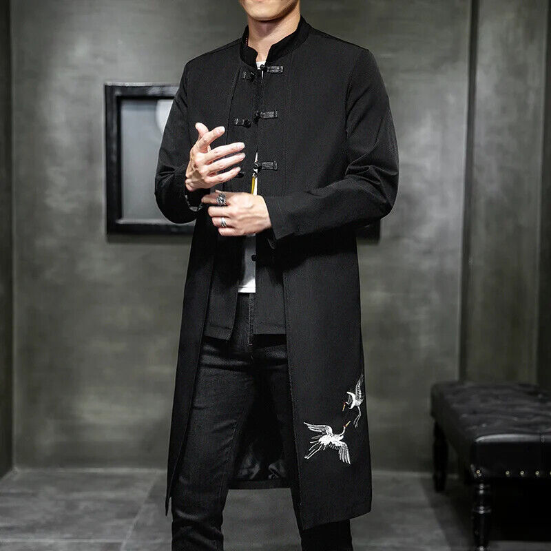 Coat Men Cardigan Coat Male Long Chinese Style Black Loose Linen Jacket