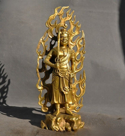 Old Tibetan Buddhism Brass Warrior Hold Katana Fudo Acalanatha Buddha Statue