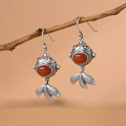 Retro Goldfish Earrings Red Garnet Inlay New Chinese Style Dangle Drops