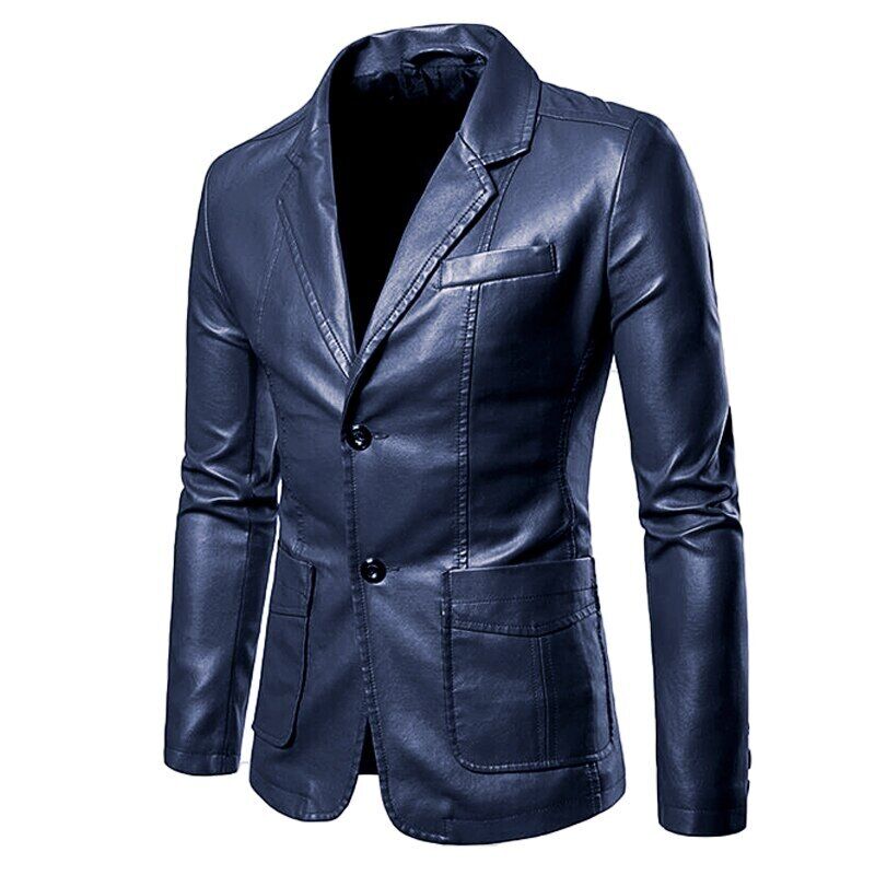 2022 Men's Lapel Leather Dress Suit Coat / Male Business Pu Jacket