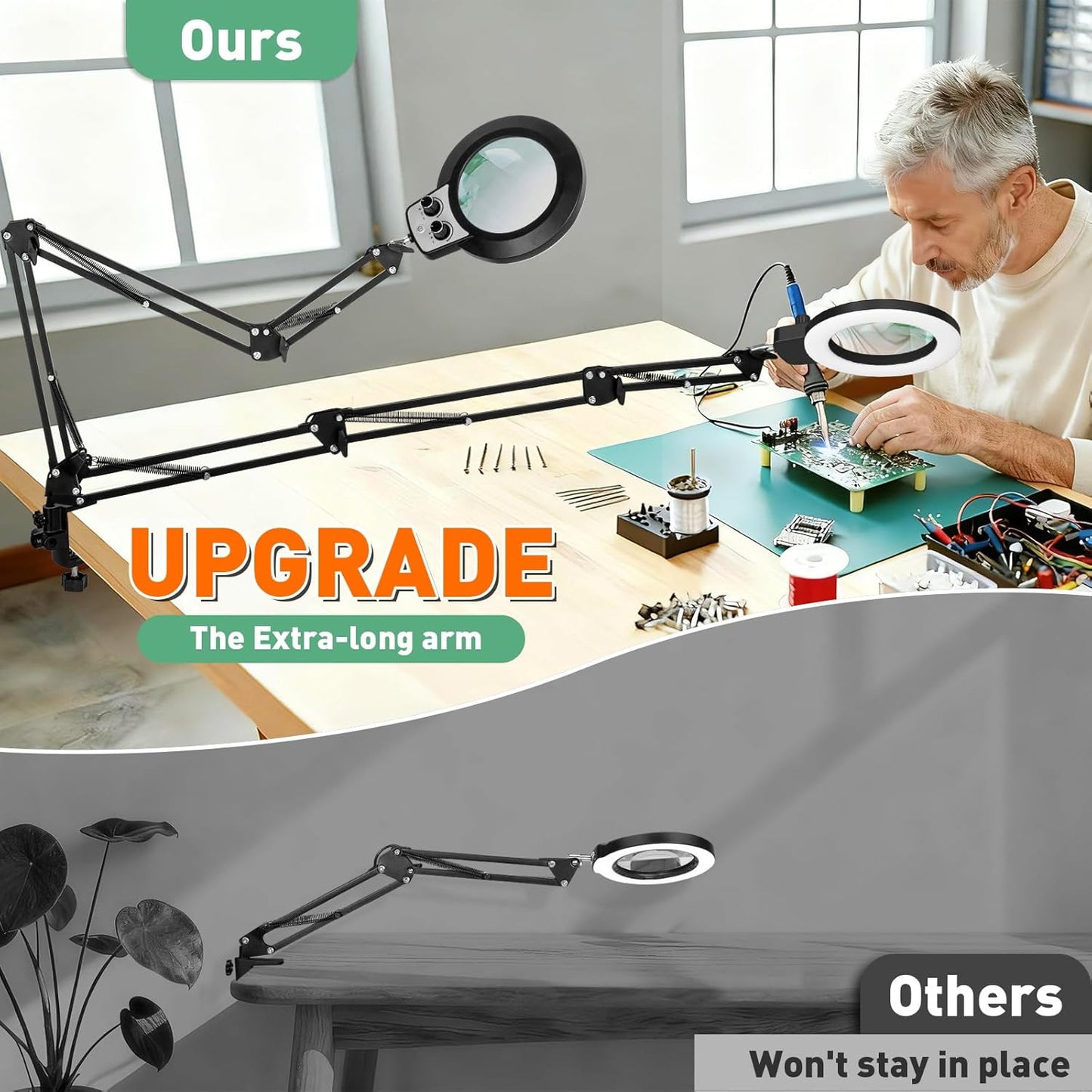 12X Magnifying Glass with Light, Ultra Long 3 Section Swing Arm Magnifier with S
