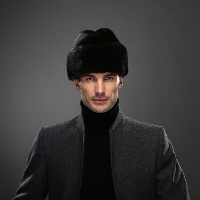 Winter French Style Mens Full-pelt Mink Hats Outdoor Solid Earflaps Hats