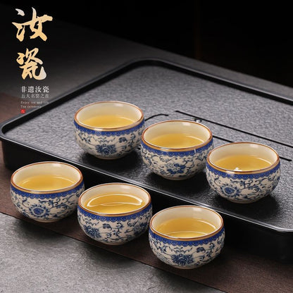 Ru Kiln Floral Crackle Glaze Teacup 6pcs Kung Fu Tea Cups 60ml