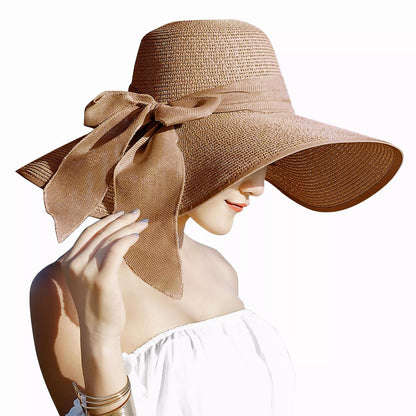 Womens Bowknot Straw Hat Foldable Beach Sun Hat Roll up Summer Caps 12 color