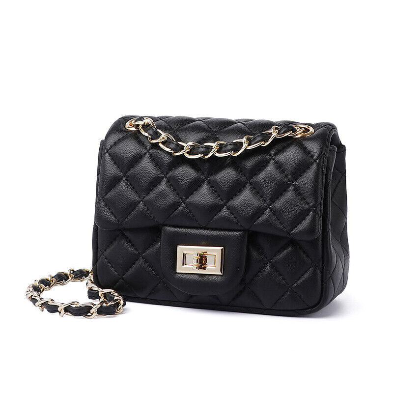 Quilted Sheepskin Leather Small Flap Purse Clutch w/ Chains Shoulder Bag Fashion