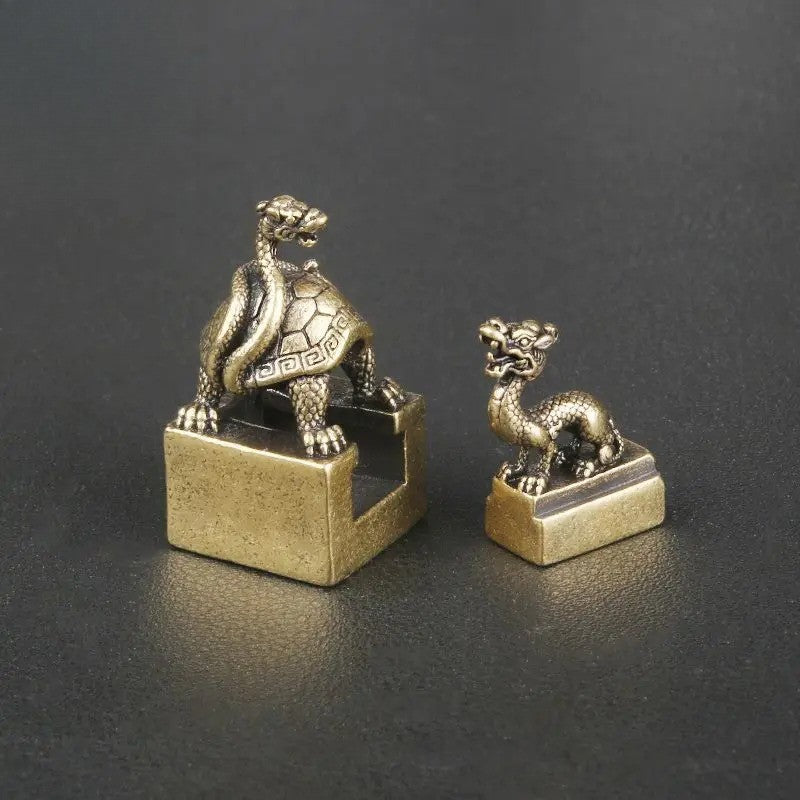 Bronze Snake Dragon Turtle Seal Statue Chinese Mythical Animal Xuan Wu Ornaments