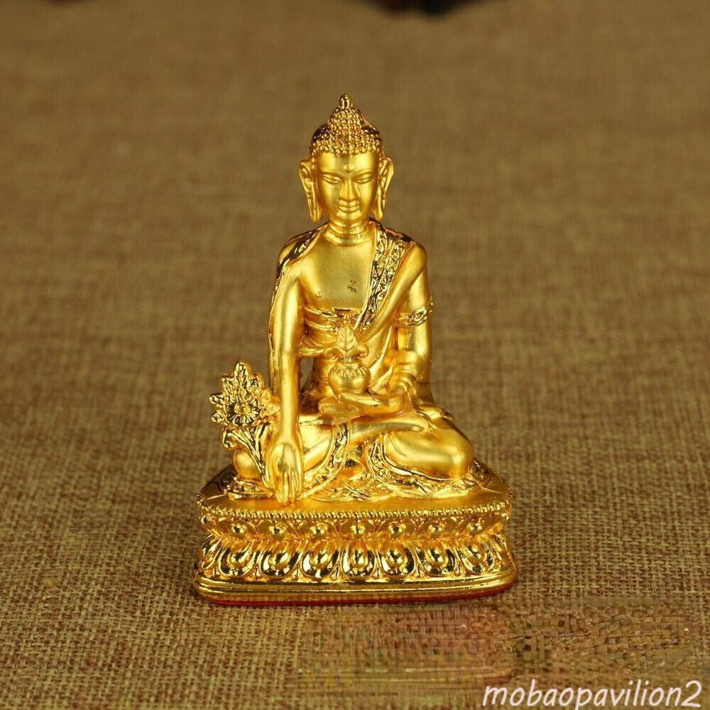 Tibetan Gold Gilt Medicine Buddha Statue Buddhist Healing Altar Decor Gift Box