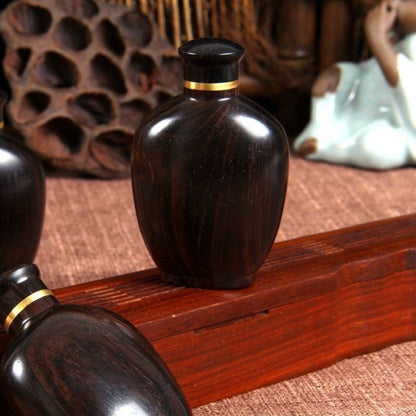 African Ebony Snuff Bottle 6.5cm Agate Inlaid Inside Painted Wooden Hand Piece