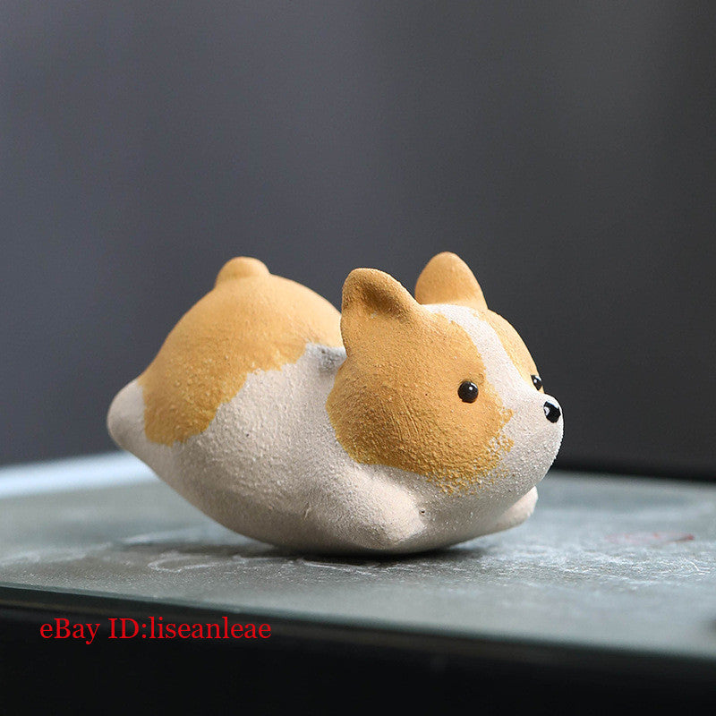 1PC 6.6*4.2*3.5cm Purple Clay Tea Pet Dog Cute Corgi's Tea Table Decoration