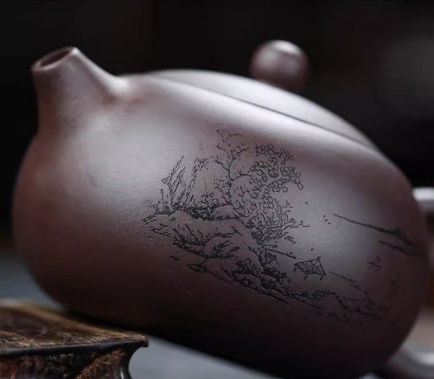 5.9" Chinese Yixing Zisha Pottery Purple Mud 420CC Hill Water Kung Fu Teapot