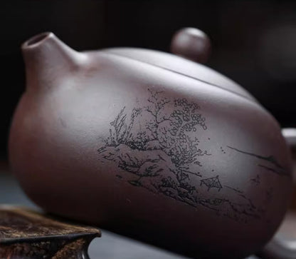 5.9" Chinese Yixing Zisha Pottery Purple Mud 420CC Hill Water Kung Fu Teapot