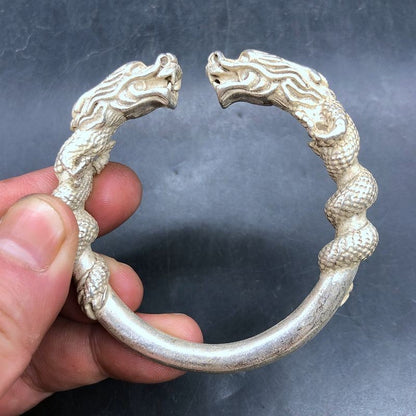 Vintage Copper Double Dragon Bracelet - Handmade Open Cuff Dragon Bangle Jewelry