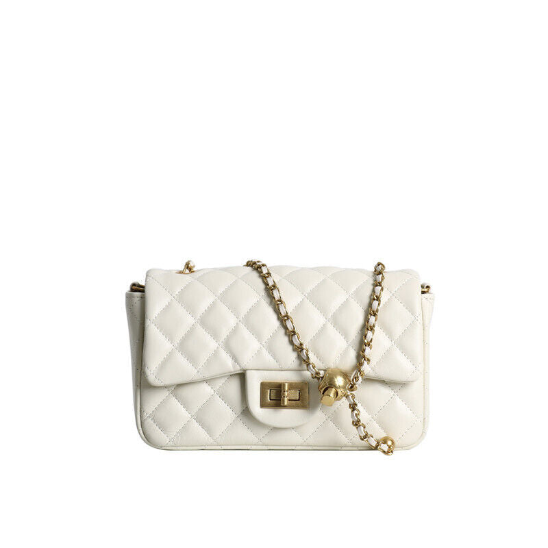 Quilted Real Leather Small Flap Purse Handbag Shoulder Bag w/ Chain Clutch Pouch