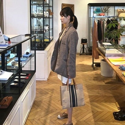 Fashionable Large Handbag Vintage Striped Portable Business Women Briefcase 33CM