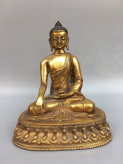 8"Old China Antique Tibetan Buddhism temple Bronze gilt Shakyamuni Buddha statue