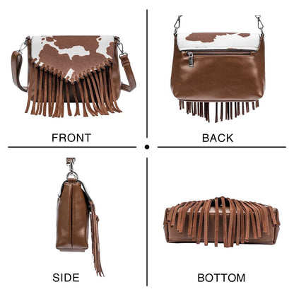 Celela Women Hair-on Cow Pattern Fringe Crossbody Handbag Shoulder Bags Purse