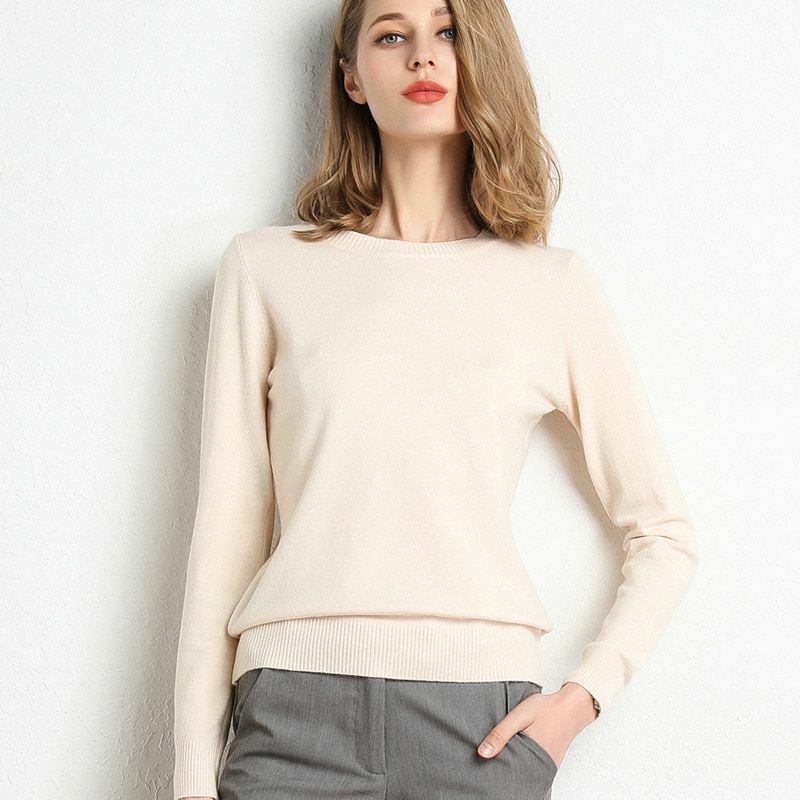 Women Sweater Clothes Solid Round Neck Jumper Long-sleeved Knitted Pullovers
