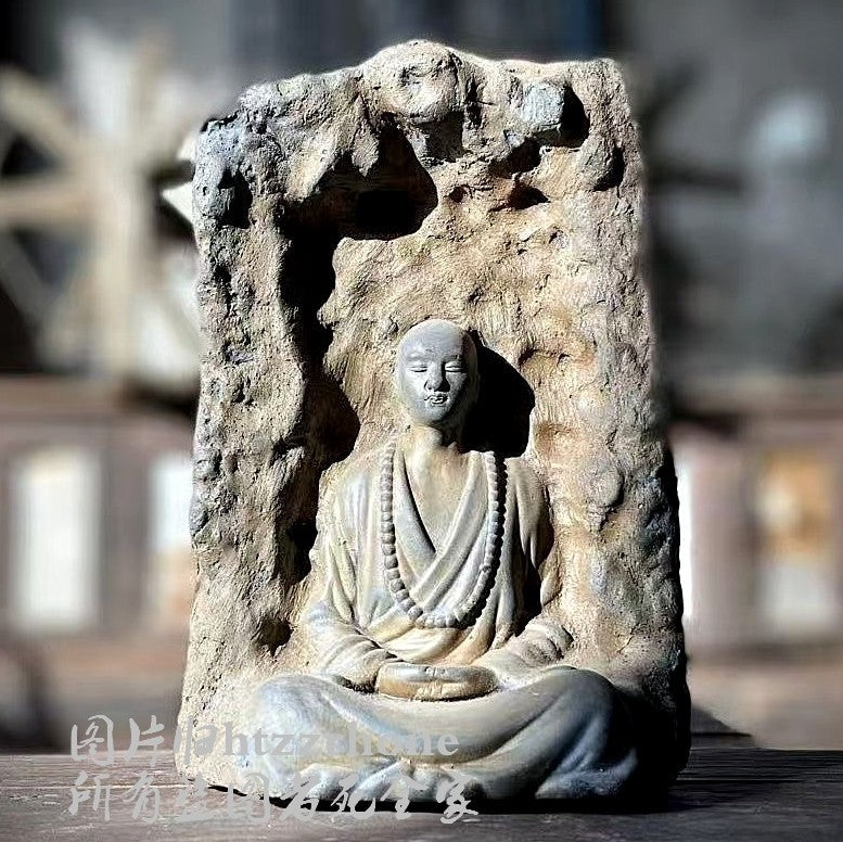 Old Stone Carved Meditation Monk Statue Zen Religious Belief Shrine Home Decor