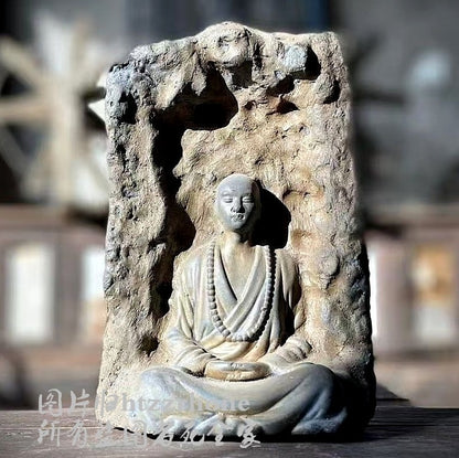 Old Stone Carved Meditation Monk Statue Zen Religious Belief Shrine Home Decor