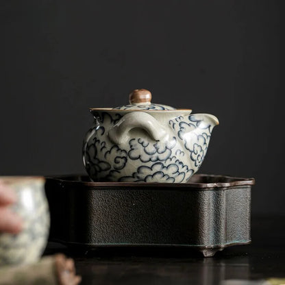 Ru Kiln Ceramic Hand Pot Hand-painted Blue and White Porcelain Filter Tea Set