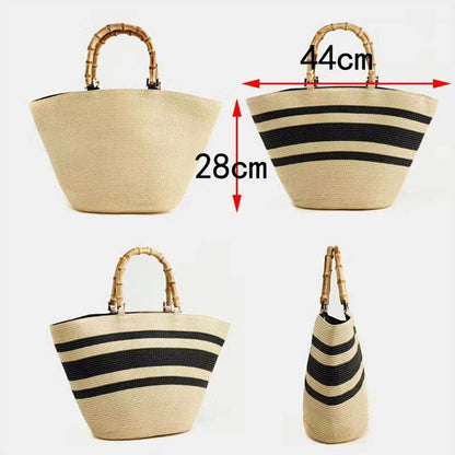 Fashion Bag Shoulder Striped Straw Bamboo Handle Handbag Woven Bags Purse Hasp