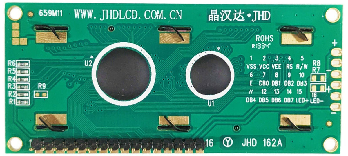 16x2 Dot Matrix Backlit LCD Module w/ Header Pins, Includes Driver & Controller