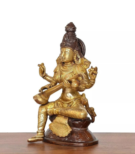 Brass Hindu Goddess of Knowledge Saraswati Idol Statue Figurine Sculpture