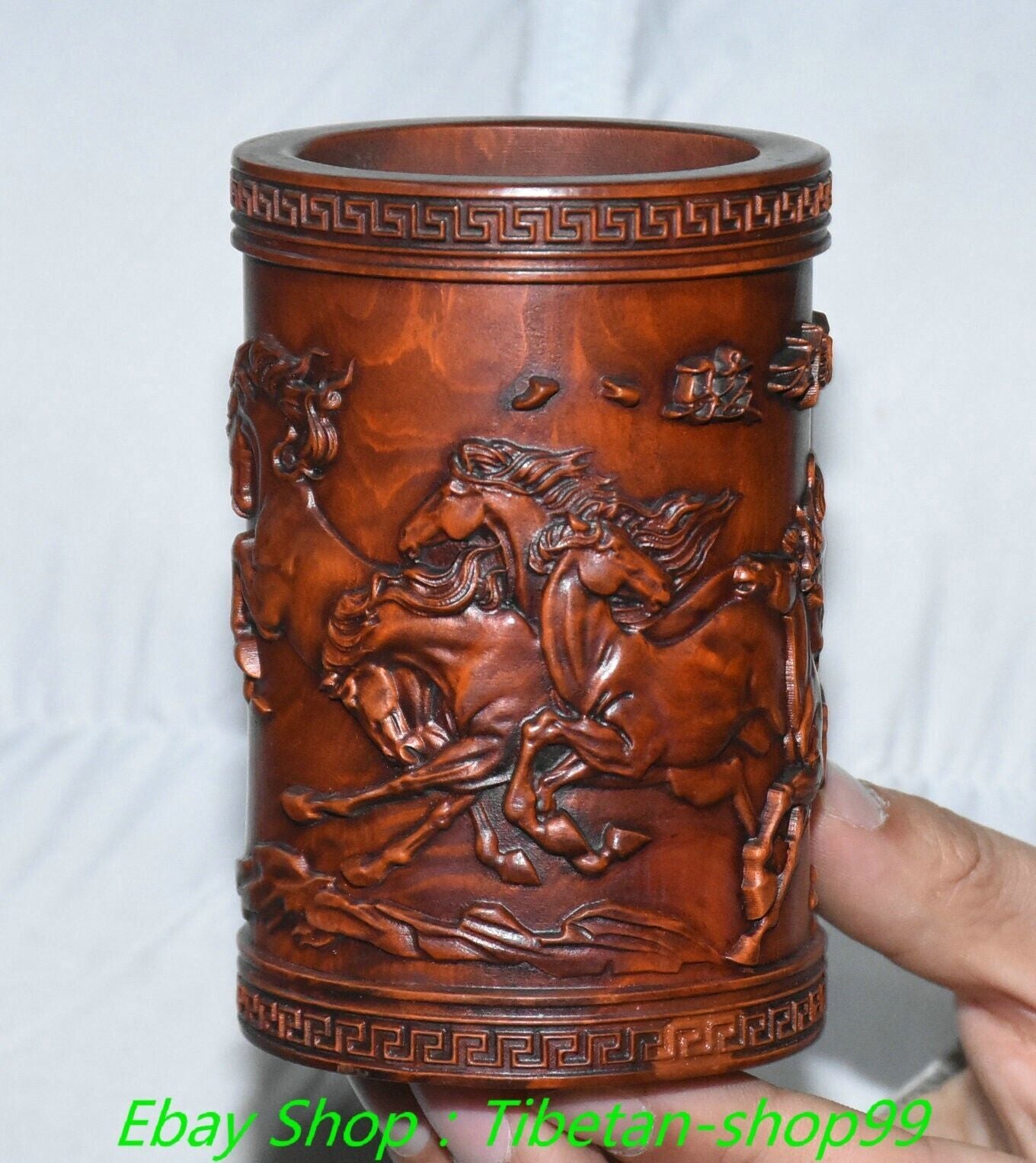 4.3''Old Chinese Boxwood Carving Horse Pot Pencil Holder Statue Sculpture