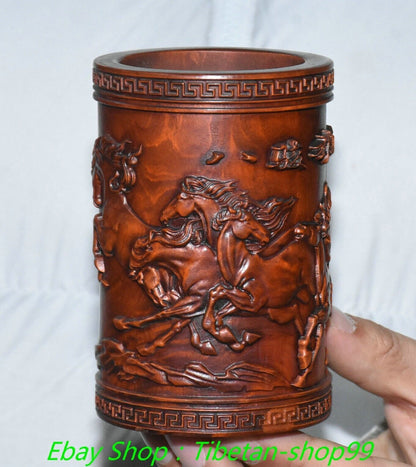 4.3''Old Chinese Boxwood Carving Horse Pot Pencil Holder Statue Sculpture