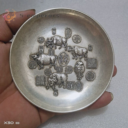 Exquisite collection copper 5 ox cow statue figure Plate Tray table decor