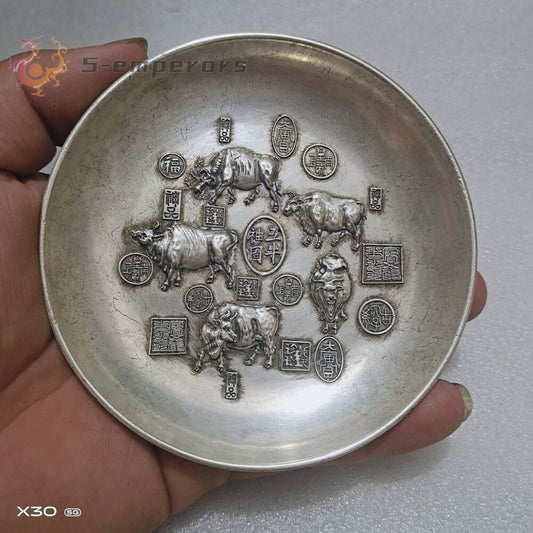 Exquisite collection copper 5 ox cow statue figure Plate Tray table decor