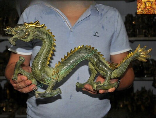 Old Chinese China Feng Shui Bronze Gilt Lucky Wealth Zodiac Animal Dragon Statue