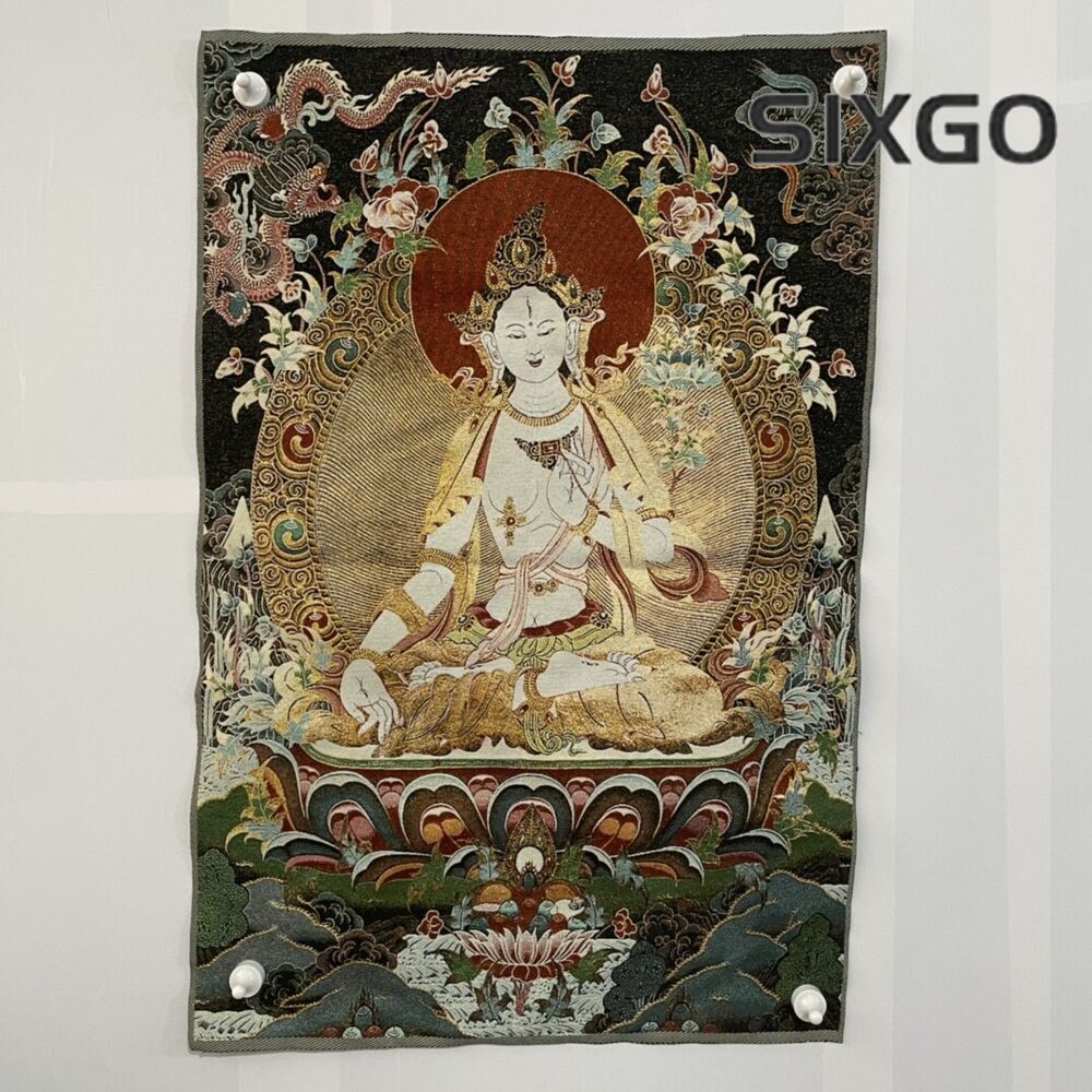 35" Decor Tibet Silk Cloth Embroidery White Tara Thangka Mural Tapestry Dragon