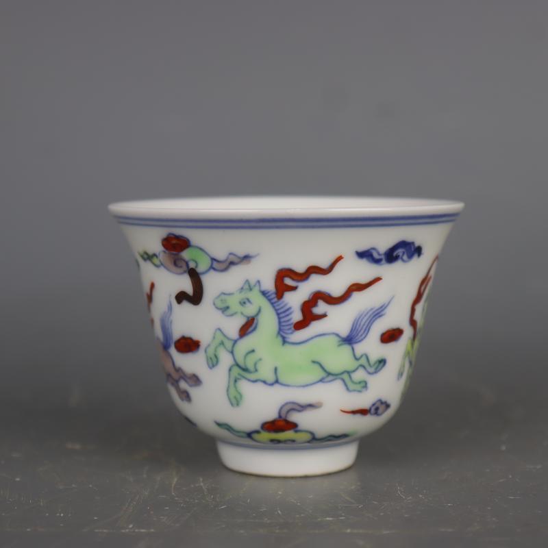 3.1" Ming Blue White Doucai Contrasting Colors Porcelain Animal Horse Cup