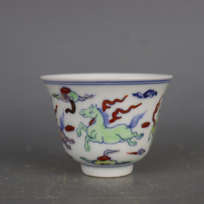 3.1" Ming Blue White Doucai Contrasting Colors Porcelain Animal Horse Cup