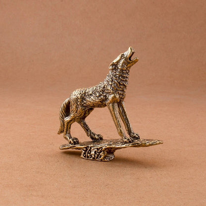 Solid Brass Prairie Rock Stone Wolf Statue Desktop Ornament Animal Figurines