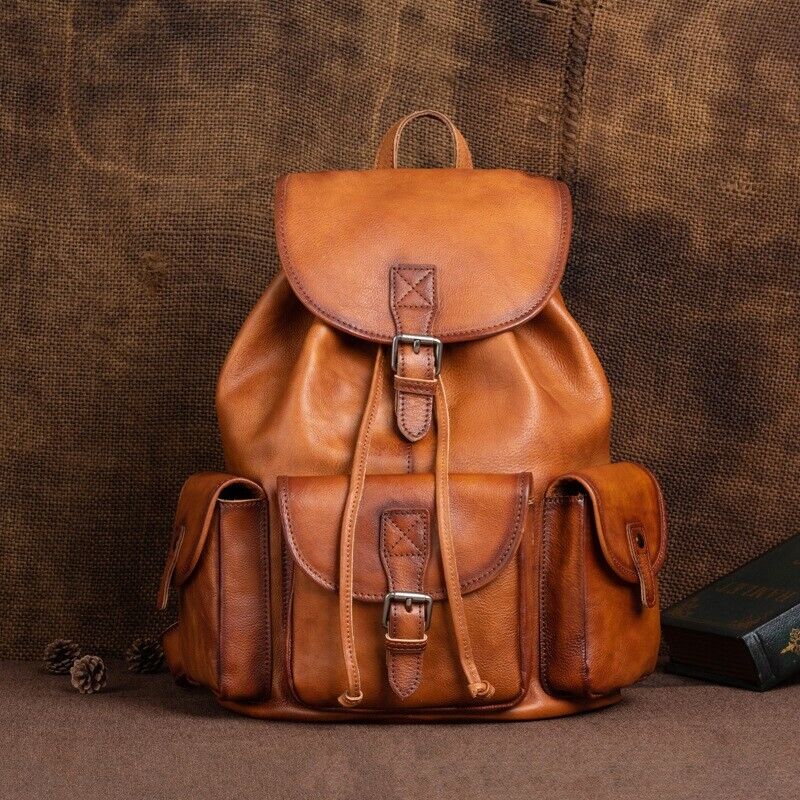 Cow Leather Men's Drawstring Backpack, Retro Travel Bag 15.6" Laptop Backpack