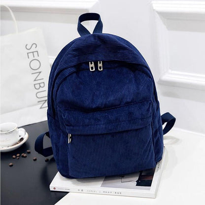 Corduroy Backpack School Travelling Shoulder Bag Softback Cotton Blue 25*12*36CM