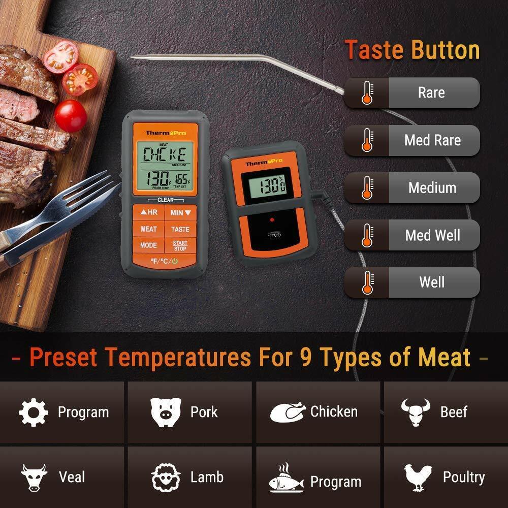 Remote Cooking Thermometer Digital BBQ Grill Oven Meat Wireless Smoker & Timer