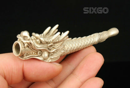 China Collectible Hand-carved Dragon Head Retro Tibetan Silver Pipe