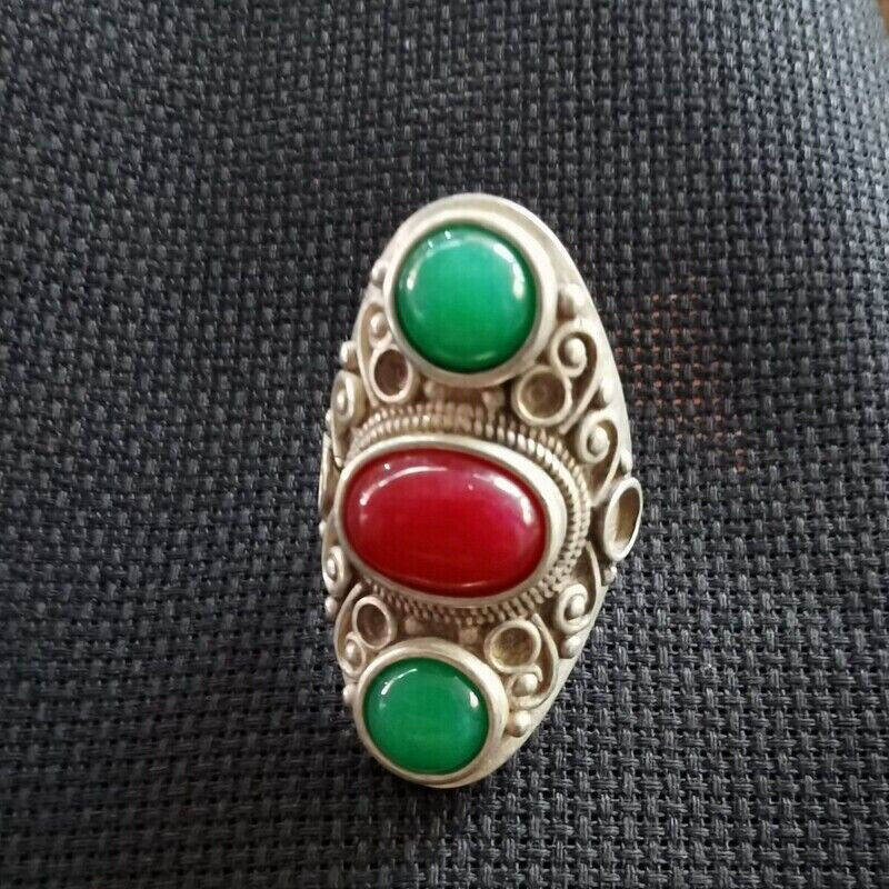 Old Chinese tibet silver inlay Red green gem handmade Ring