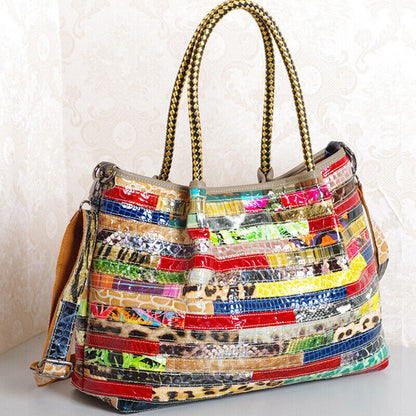 Women 100% Genuine Leather Snake Stripes Colorful Handbag Shoulder Satchel Tote