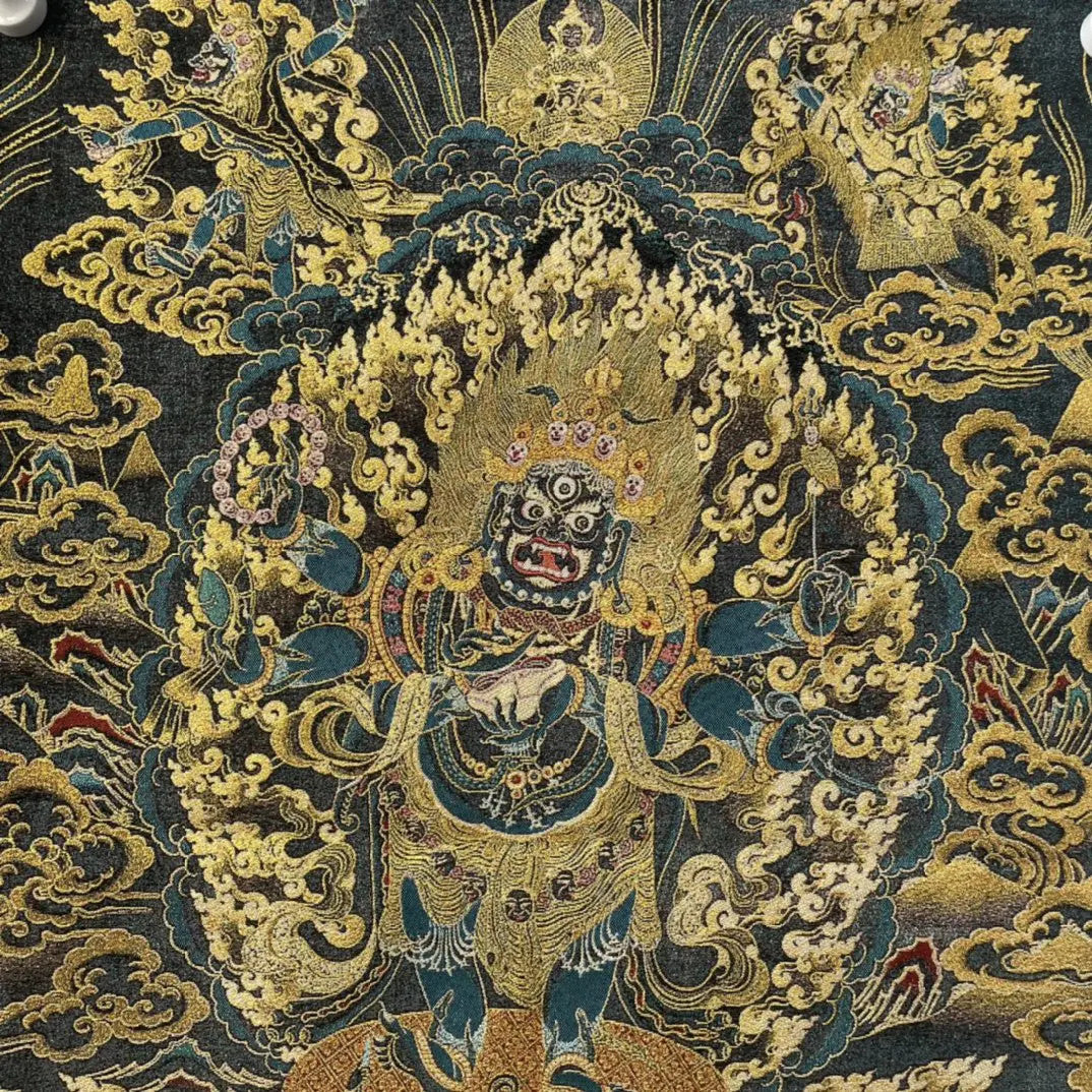 35" Tibetan Buddhism Embroidery Black Jambhala Six Arm Mahakala Buddha Thangka