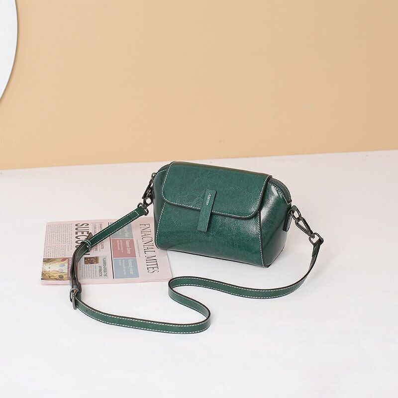 Wax Cowhide Leather Crossbody Small Bag Shoulder Shell Casual Purse Polyester
