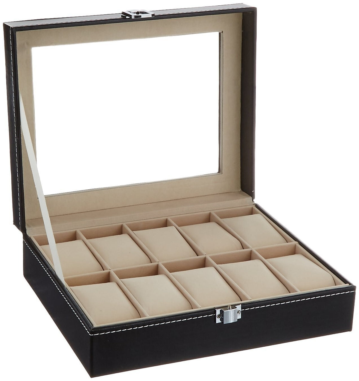 10 Slot Watch Box with Glass Top - Black Faux Leather Display Case Organizer