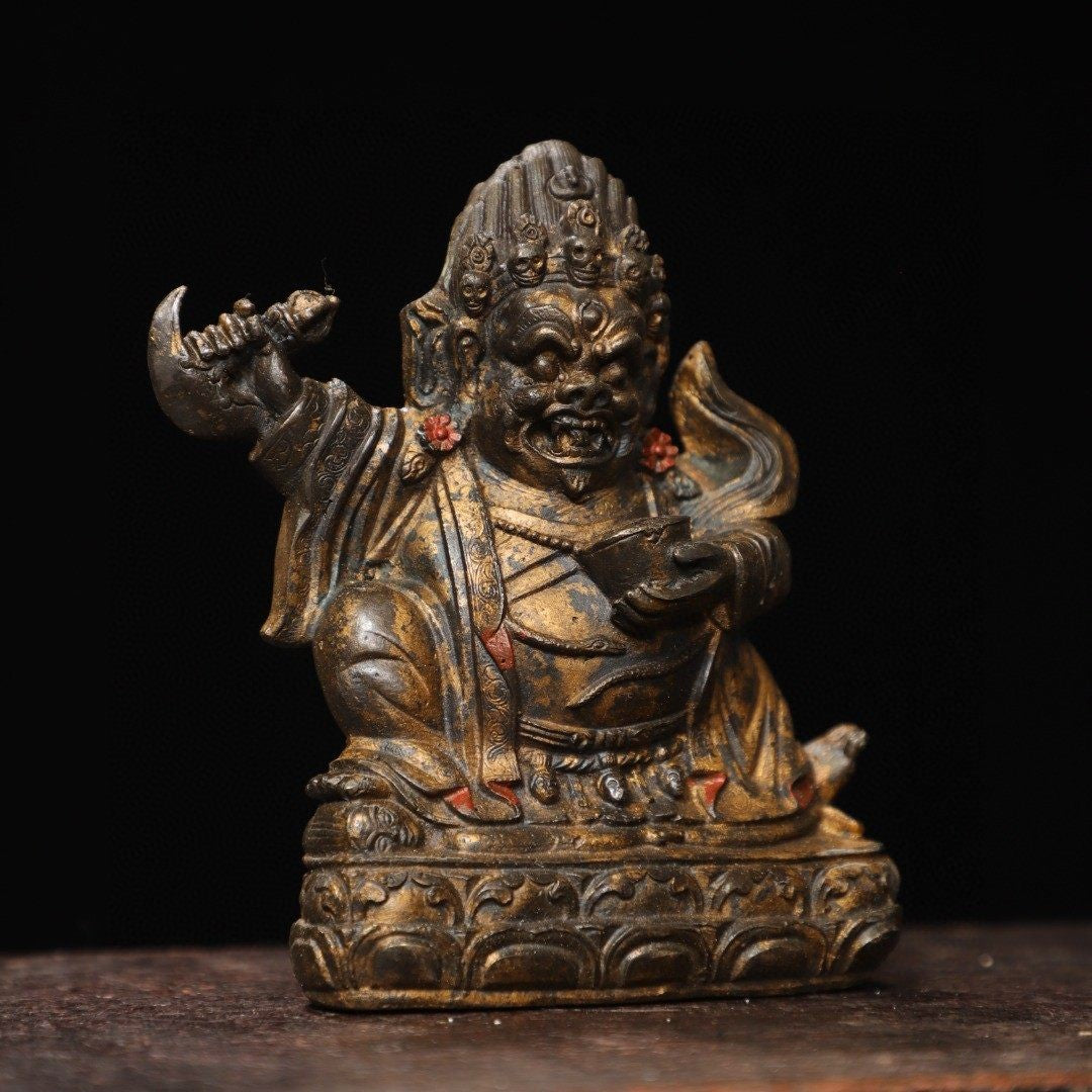 4.8"old Tibet Buddhism Temple Bronze Gilt Mahakala Wrathful Deity Buddha Statue